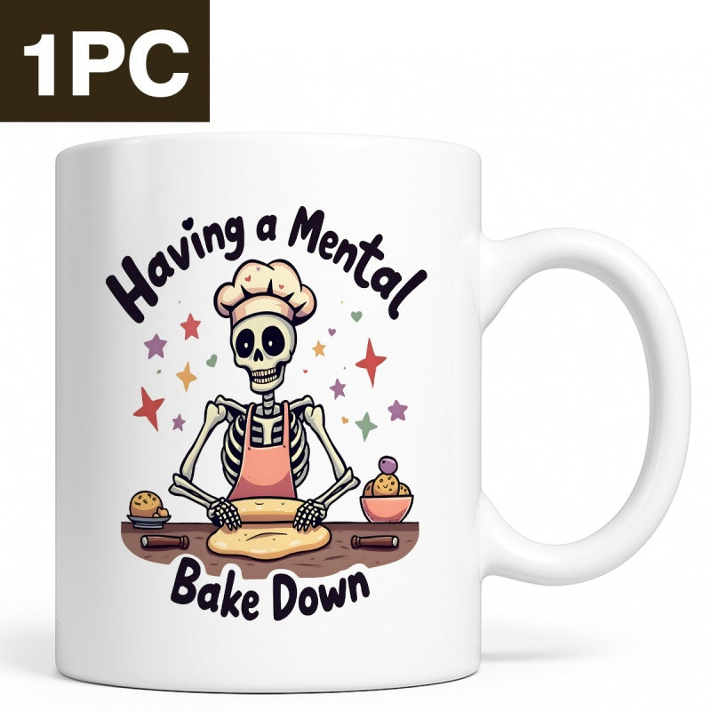 Tailorly White Ceramic 11 oz Mug - Having A Mental Bake Down Cartoon Skeleton Chef Rolling Dough Among Small Colorful Stars Skeleton