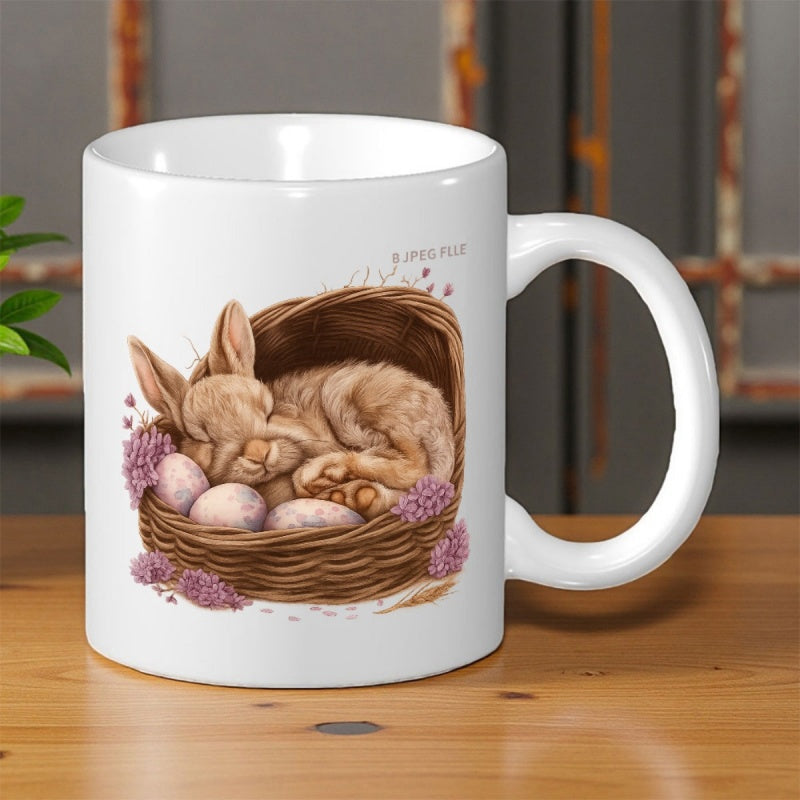 Tailorly White Ceramic 11 oz Mug - Adorable Brown Bunny Sleeping Peacefully Inside Woven Basket Among Spring Eggs Flowers Rabbit
