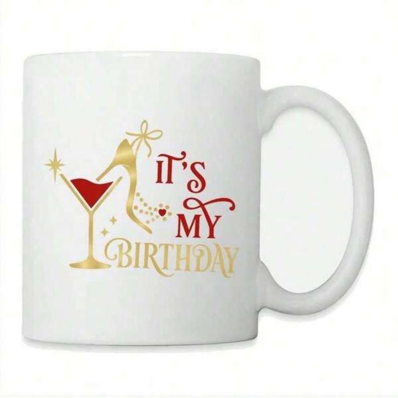 Tailorly White Ceramic 11 oz Mug - Its My Birthday Elegant Golden Stiletto And Red Wine Glass With Festive Sparkling Stars Heel