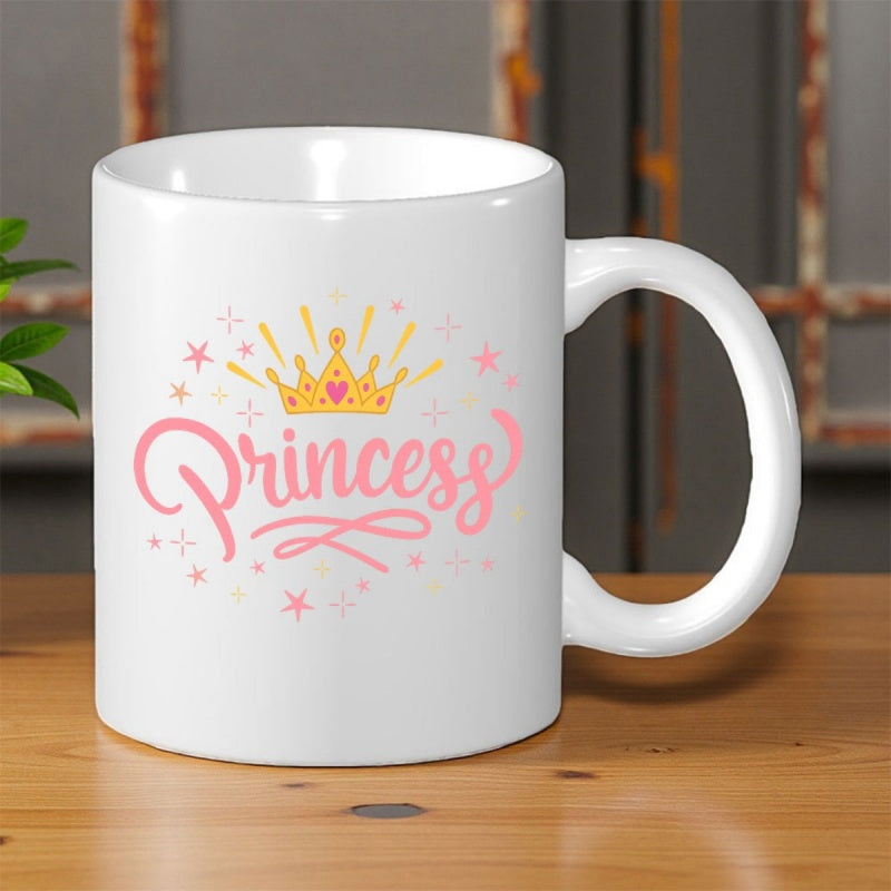 Tailorly White Ceramic 11 oz Mug - Princess Elegant Radiant Golden Tiara Among Twinkling Pink Stars And Heart Crown