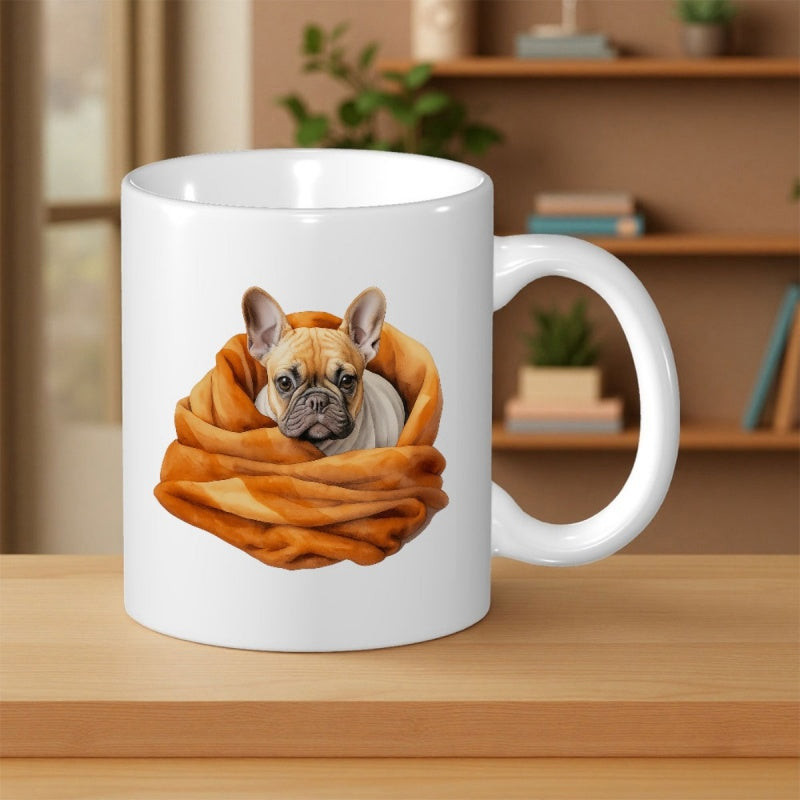 Tailorly White Ceramic 11 oz Mug - Adorable French Bulldog Wrapped In Soft Warm Orange Blanket Feeling Cozy Bulldog