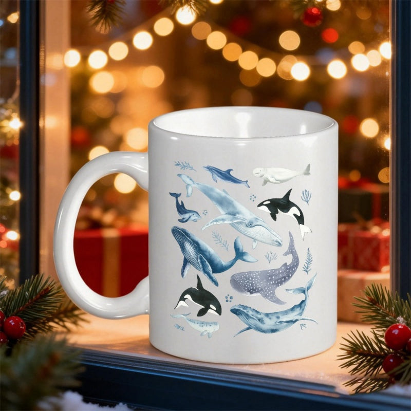Tailorly White Ceramic 11 oz Mug - Artistic Watercolor Marine Life Featuring Diverse Species Of Ocean Dwelling Whale