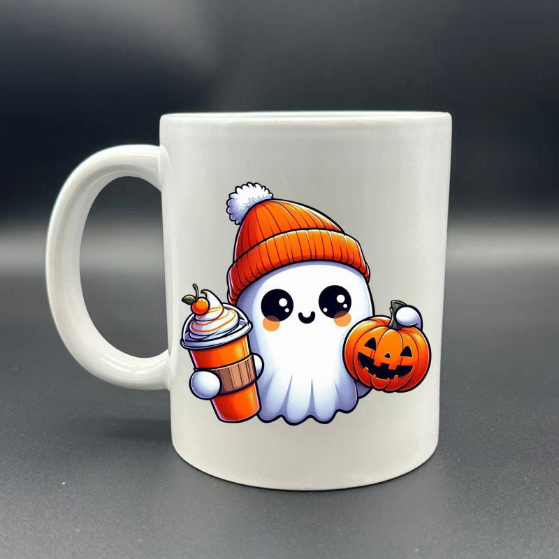 Tailorly White Ceramic 11 oz Mug - Adorable Cartoon Ghost Wearing Orange Beanie Holding Autumn Coffee And Carved Pumpkin Ghost