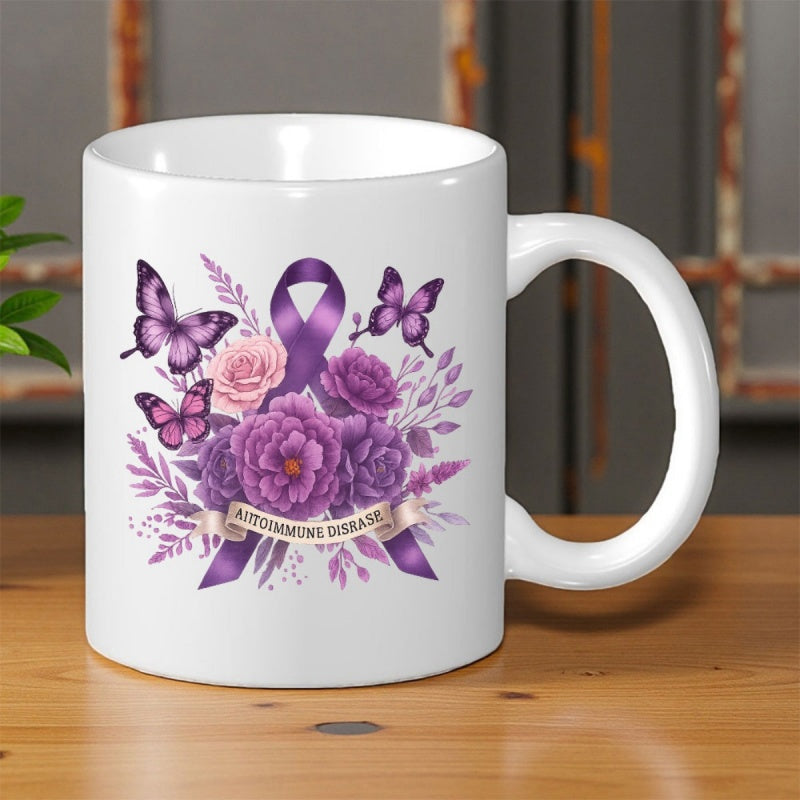 Tailorly White Ceramic 11 oz Mug - Autoimmune Disease Elegant Purple Flowers And Graceful Butterflies Surrounding A Symbolic Awareness Ribbon