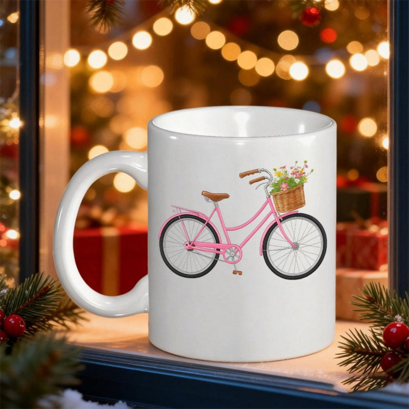 Tailorly White Ceramic 11 oz Mug - Pink Vintage Bicycle With Flower Basket Resting In Scenic Atmosphere Bicycle