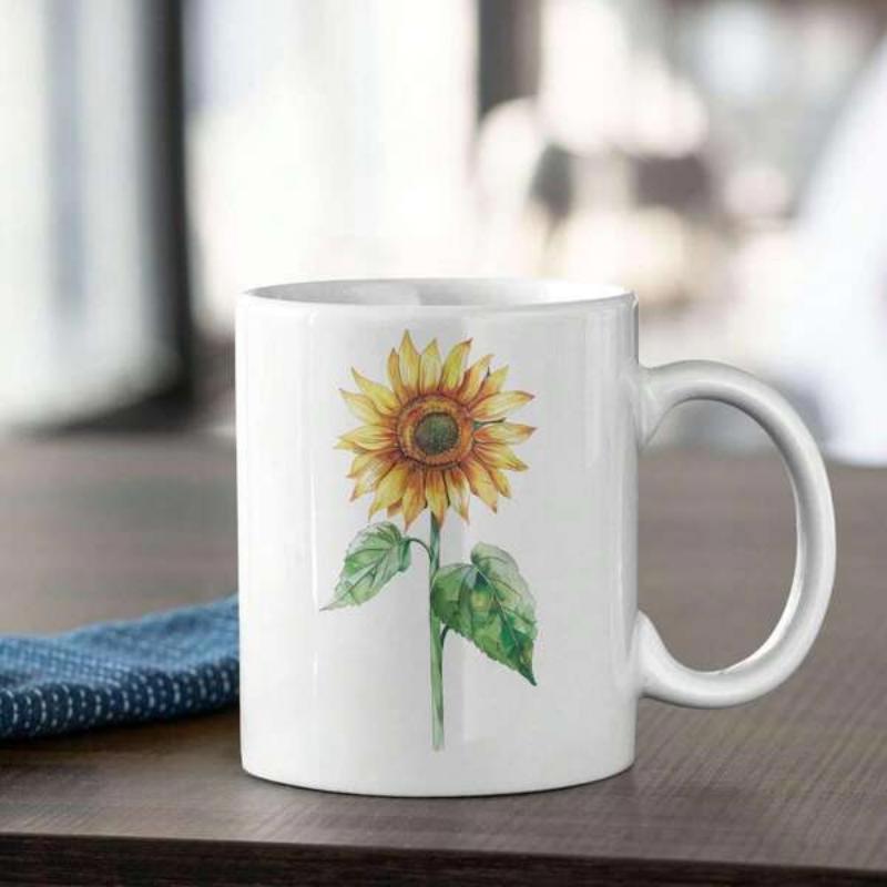 Tailorly White Ceramic 11 oz Mug - Vibrant Yellow Petals With Green Leaves And Sturdy Stem Sunflower