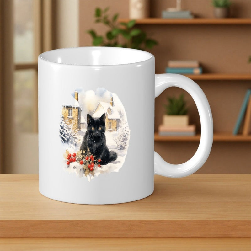 Tailorly White Ceramic 11 oz Mug - Sitting In Snowy Winter Landscape Beside A Charming Rustic Cottage Cat