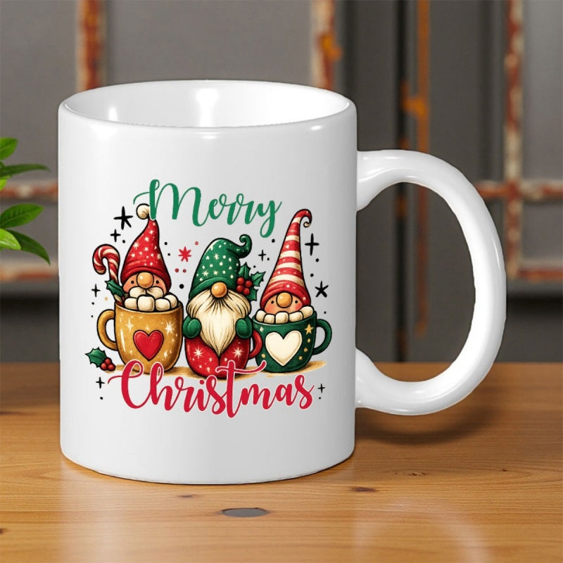 Tailorly White Ceramic 11 oz Mug - Merry Christmas Three Festive Holiday Gnomes Sitting Inside Colorful Decorative Mugs Among Stars Gnome