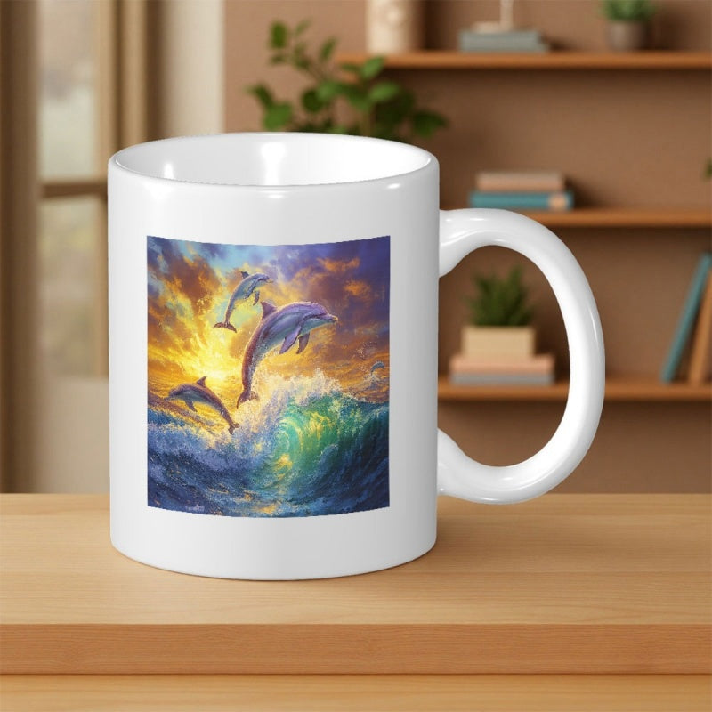 Tailorly White Ceramic 11 oz Mug - Playful Dolphins Leaping Through Crashing Ocean Waves Under Radiant Sunset Dolphin
