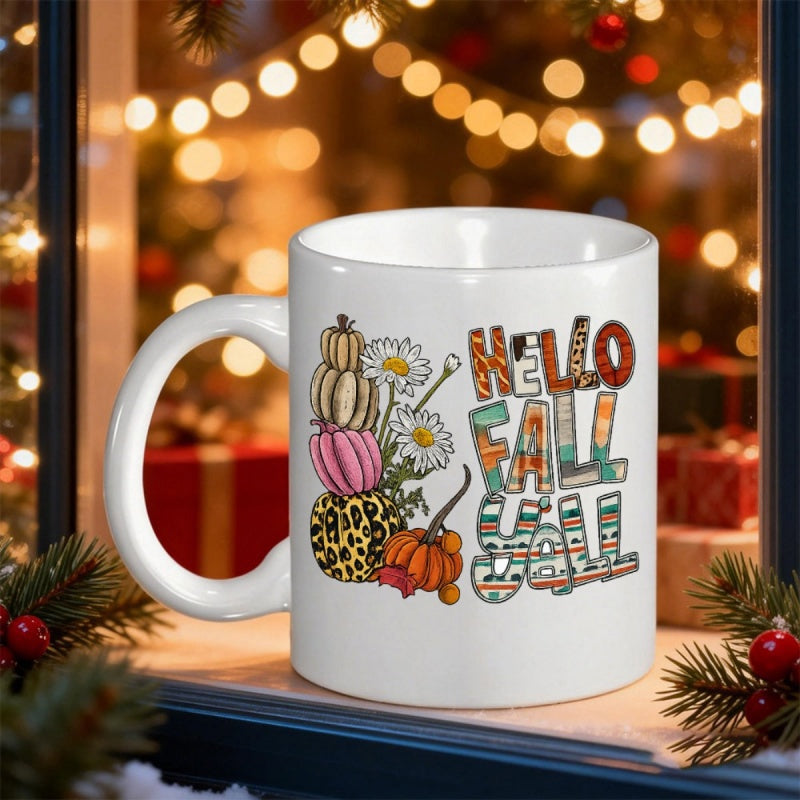 Tailorly White Ceramic 11 oz Mug - Hello Fall Yall Stacked Festive Autumn Pumpkins With Delicate White Daisies Pumpkin