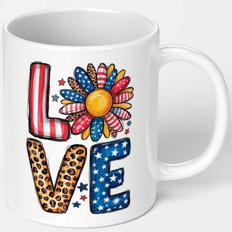 Tailorly White Ceramic 11 oz Mug - Love Patriotic Stars And Stripes With Leopard Print Patterned Petals Vibrant Sunflower