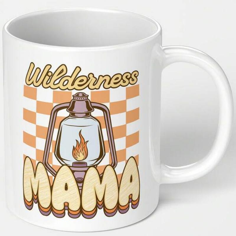Tailorly White Ceramic 11 oz Mug - Wilderness Mama Vintage Kerosene Lantern Glowing With Flame Against Orange Checkered Pattern Background Lantern