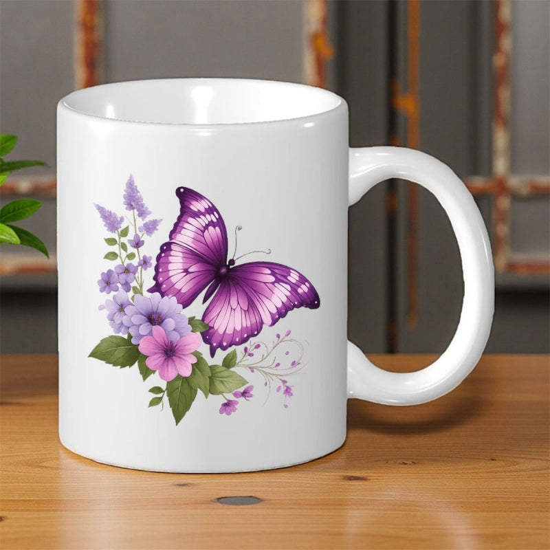 Tailorly White Ceramic 11 oz Mug - Elegant Purple Butterfly Resting Among Vibrant Floral Blossoms And Green Leaves Butterfly