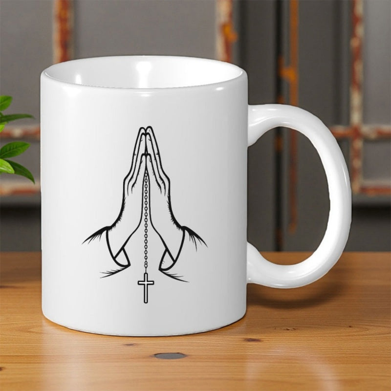 Tailorly White Ceramic 11 oz Mug - Elegant Minimalist Line Art Of Hands Holding A Sacred Religious Rosary