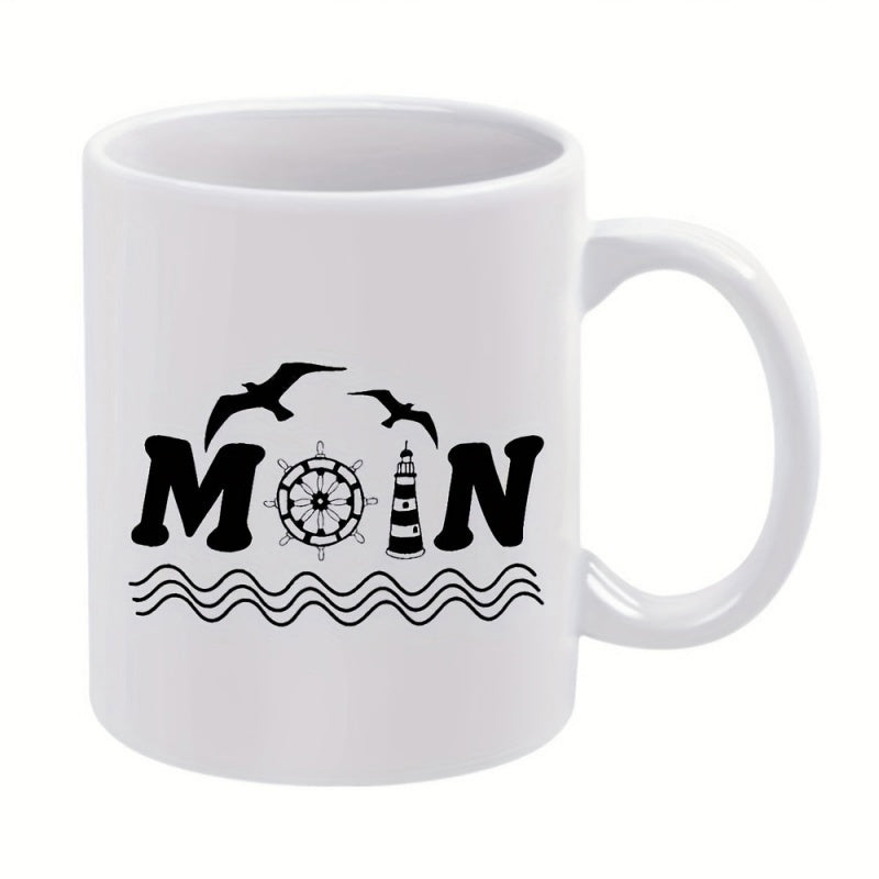 Tailorly White Ceramic 11 oz Mug - Nautical Scene With Flying Seagulls Ship Wheel And Gentle Waves Lighthouse