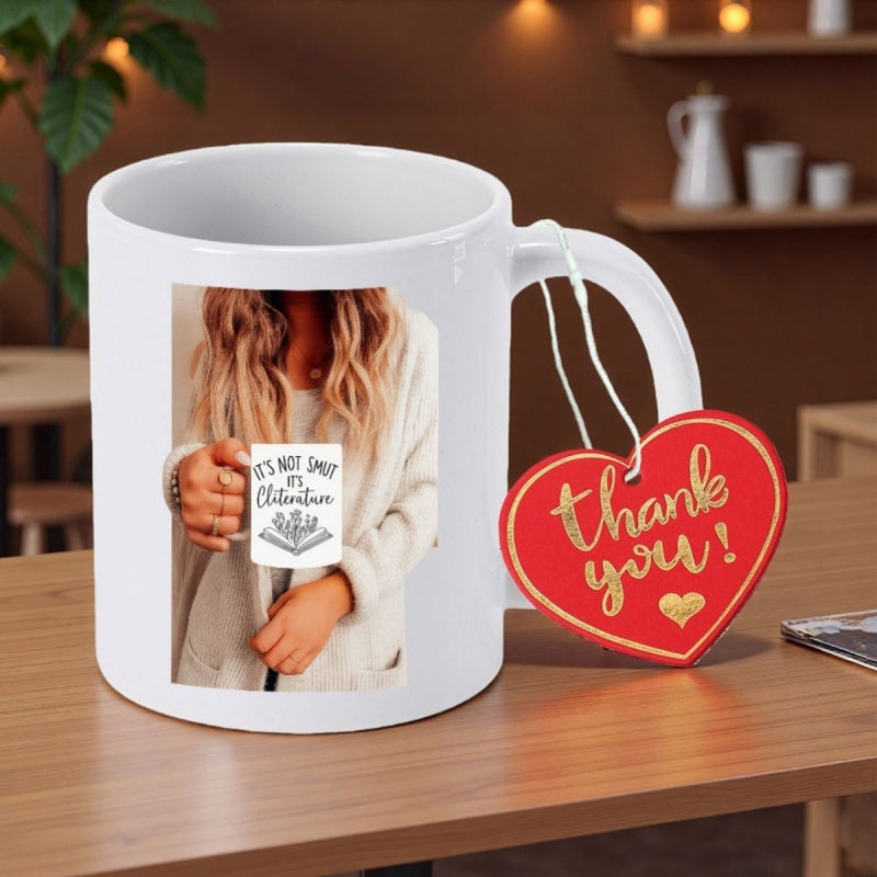 Tailorly White Ceramic 11 oz Mug - Its Not Just A Book Its An Adventure Thank You Beautiful Woman With Long Wavy Hair Holding A Mug Portrait