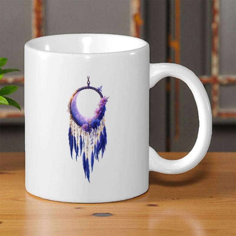 Tailorly White Ceramic 11 oz Mug - Mystical Purple Galaxy Moon With Soft Feathers Hanging Below Dreamcatcher