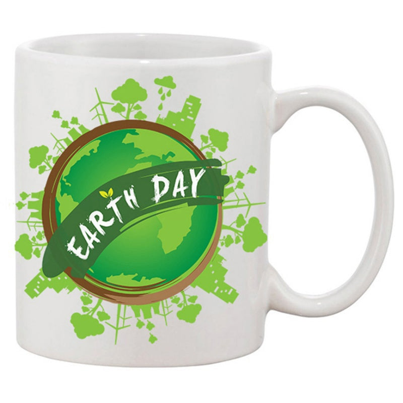Tailorly White Ceramic 11 oz Mug - Earth Day Lush Green Ecological Scene With Wind Turbines And Vibrant Forest Earth
