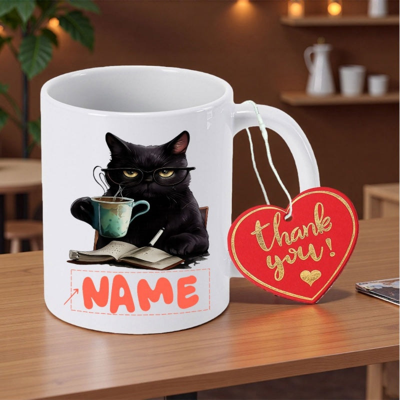Tailorly White Ceramic 11 oz Mug - Name Thank You Studious Black Cat With Glasses Drinking Coffee Reading A Book Cat