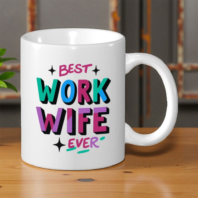 Tailorly White Ceramic 11 oz Mug - Best Work Wife Ever Colorful Block Letters Featuring Sparkling Stars On A Smooth