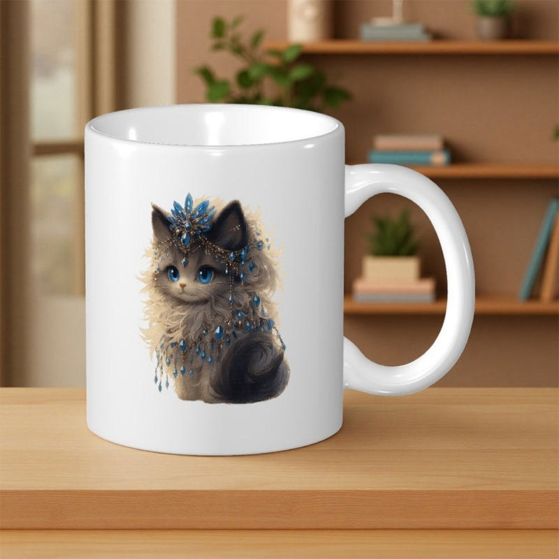 Tailorly White Ceramic 11 oz Mug - Adorable Fluffy Kitten Wearing Sparkling Blue Jewels Among Glowing Ice Crystals Cat