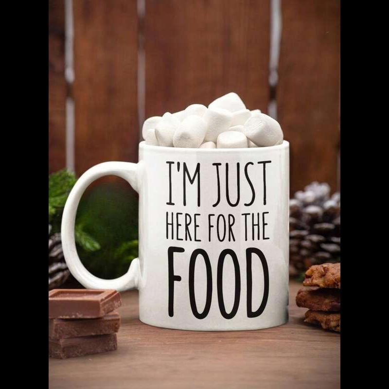 Tailorly White Ceramic 11 oz Mug - Im Just Here For The Food Minimalist White Ceramic Cup With Fluffy Marshmallows Mug