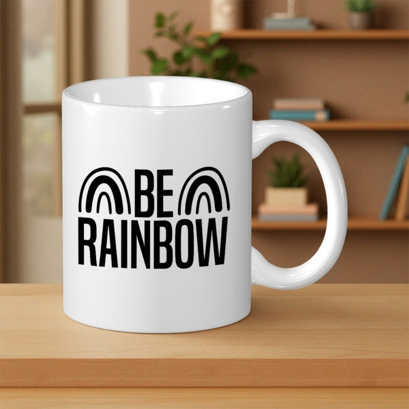 Tailorly White Ceramic 11 oz Mug - Be Rainbow Simple Black Arched Lines Forming A Modern And Symmetrical Geometric Motif Rainbow