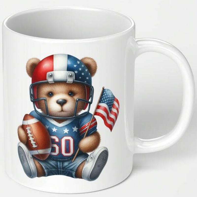Tailorly White Ceramic 11 oz Mug - 60 Patriotic American Football Player Wearing Helmet Holding Flag And Ball Bear
