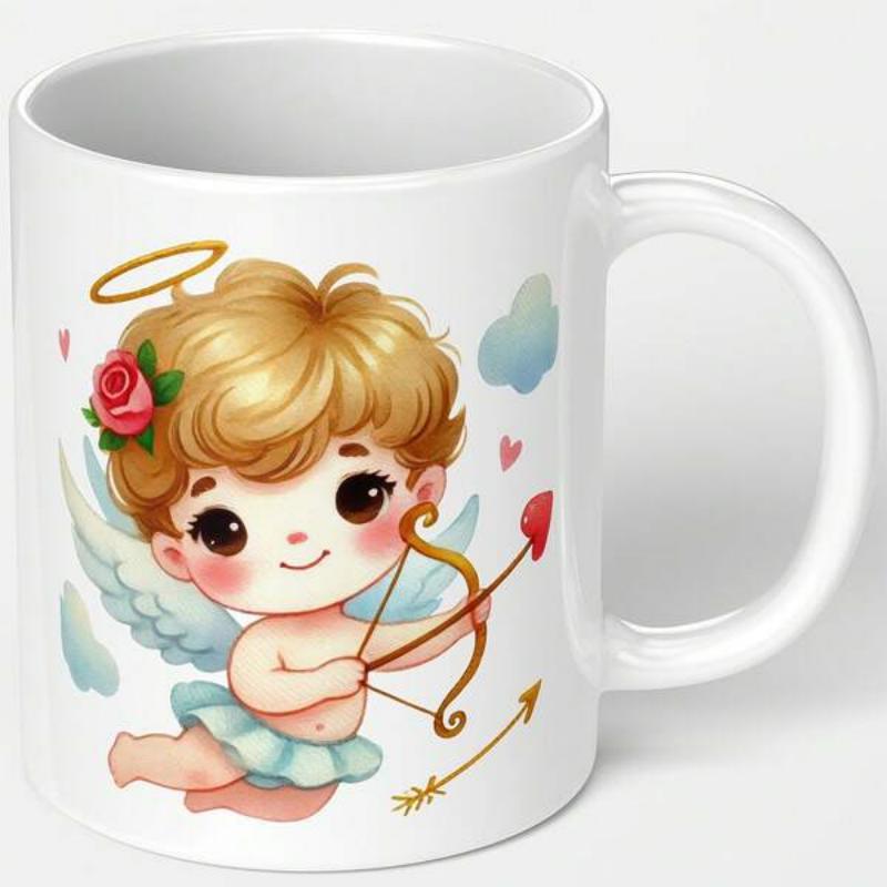Tailorly White Ceramic 11 oz Mug - Whimsical Little Angel With Golden Bow Floating Among Soft Blue Clouds Cupid