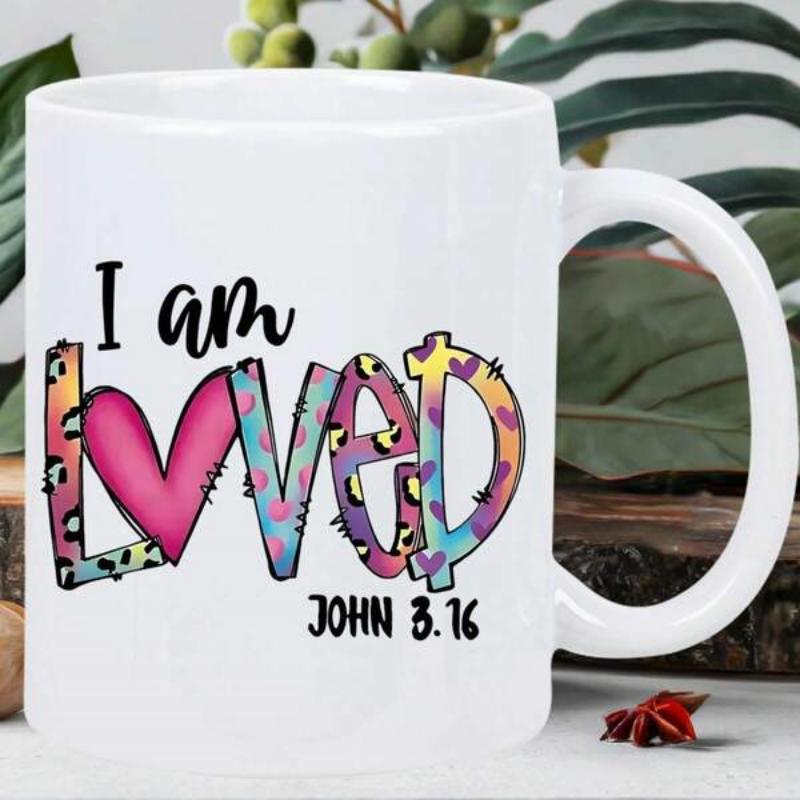 Tailorly White Ceramic 11 oz Mug - I Am Loved John 3 16 Decorative Patterned Letters Accompanied By A Vivid Pink Symbolic Heart