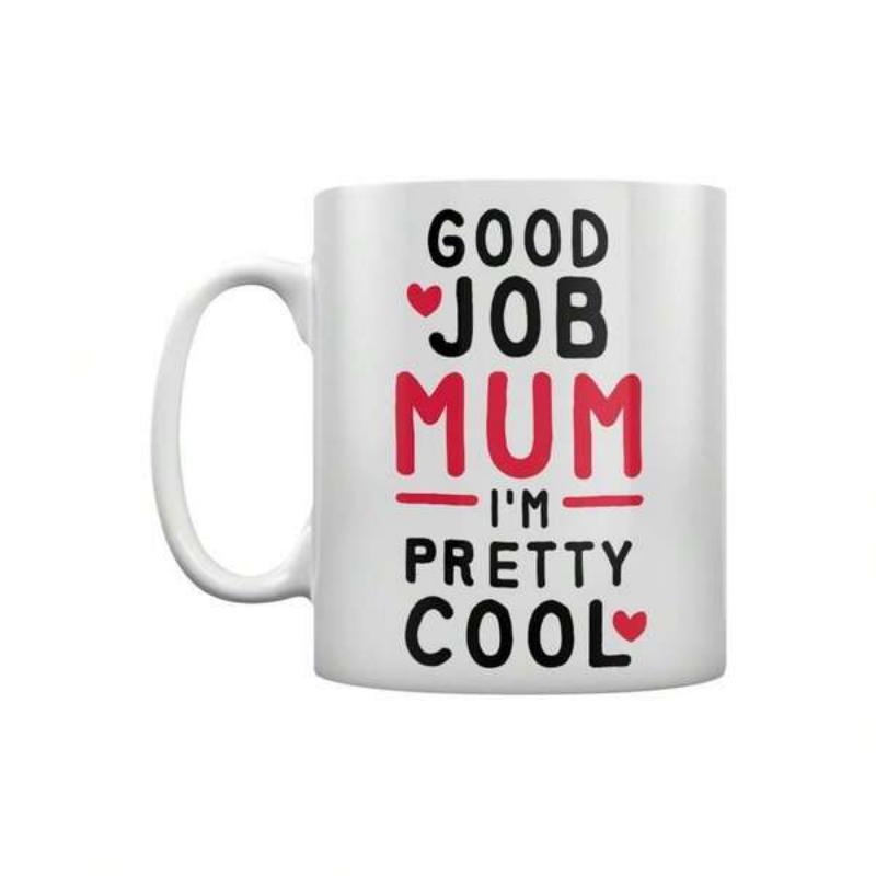 Tailorly White Ceramic 11 oz Mug - Good Job Mum I'm Pretty Cool Minimalist Red Hearts Accentuating Bold Black And Red Stylish Text Message Mug