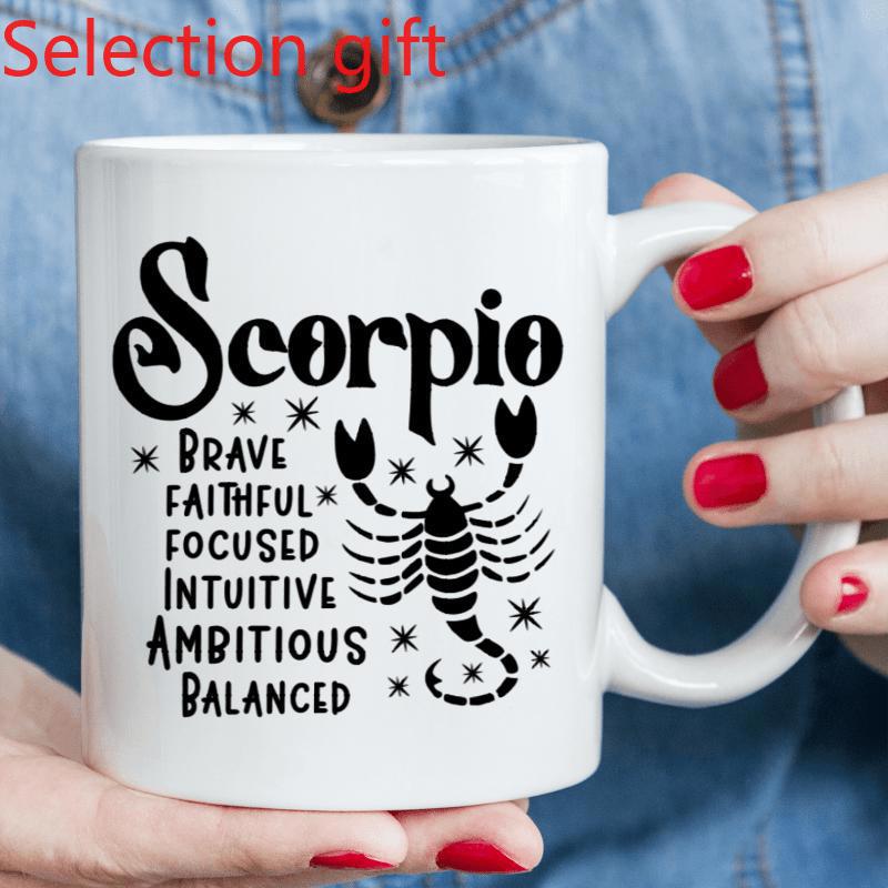 Tailorly White Ceramic 11 oz Mug - Scorpio Brave Faithful Focused Intuitive Ambitious Balanced Elegant Black Silhouette Among Shining Celestial Stars And