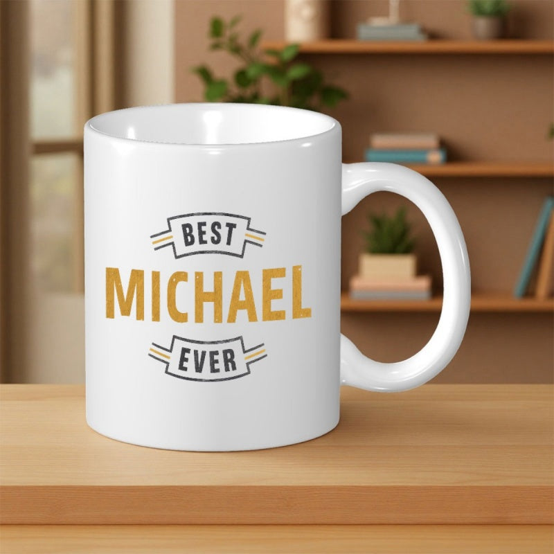Tailorly White Ceramic 11 oz Mug - Best Michael Ever Minimalist Decorative Ribbon Banners With Bold Golden Modern Typography Mug