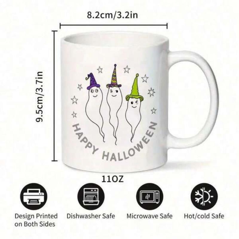Tailorly White Ceramic 11 oz Mug - Happy Halloween Three Friendly Little Spirits Wearing Colorful Party Hats Among Twinkling Stars Ghost