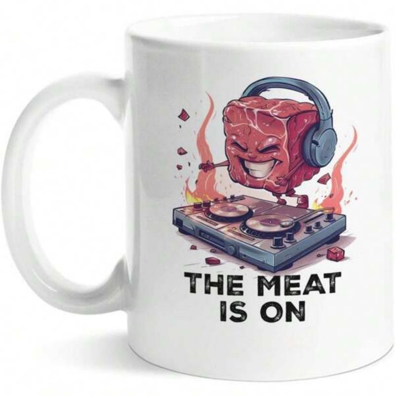 Tailorly White Ceramic 11 oz Mug - The Meat Is On Cartoon Meat Cube Wearing Headphones Playing Music On A DJ Turntable Among Flames Meat