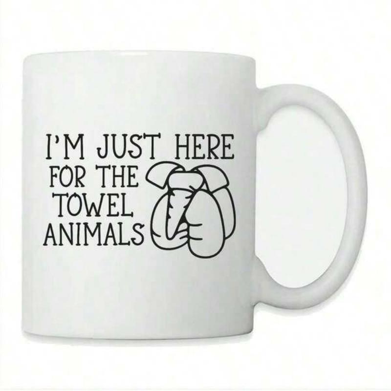 Tailorly White Ceramic 11 oz Mug - I'm Just Here For The Towel Animals Minimalist Black Line Drawing Featuring A Cute Hand Folded Towel Elephant