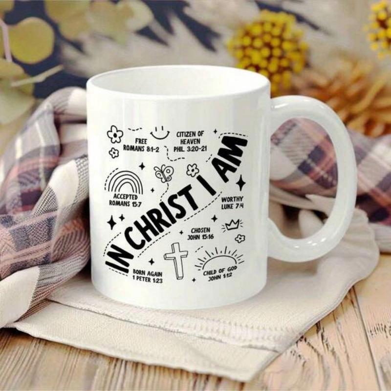 Tailorly White Ceramic 11 oz Mug - In Christ I Am Delicate Hand Drawn Religious Doodles With A Sacred Cross