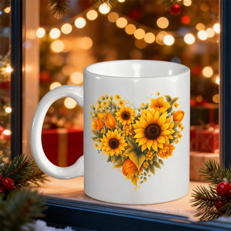 Tailorly White Ceramic 11 oz Mug - Vibrant Heart Shaped Floral Arrangement With Sunflowers And Delicate Green Leaves Sunflower