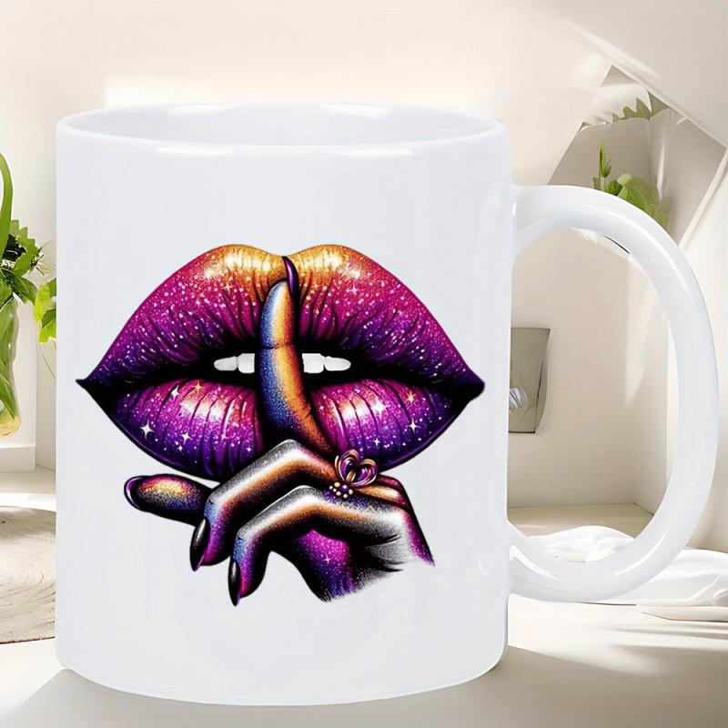 Tailorly White Ceramic 11 oz Mug - Vibrant Purple Galaxy Patterned Shushing Gesture With Dark Shadowy Hand Lips
