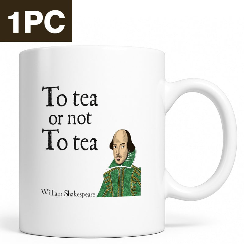 Tailorly White Ceramic 11 oz Mug - To Tea Or Not To Tea William Shakespeare Illustrative Portrait Of A Famous Poet On A