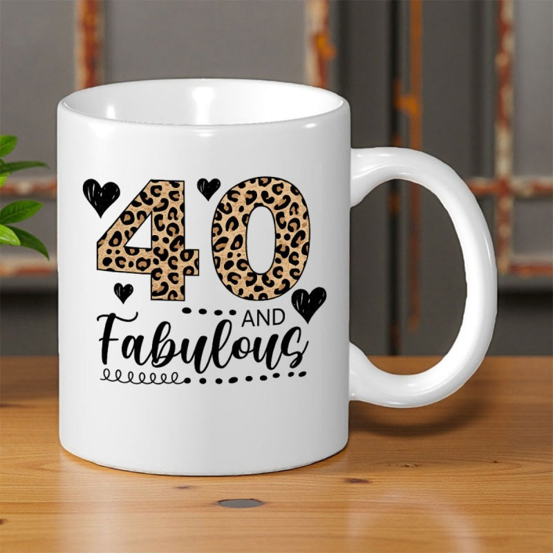 Tailorly White Ceramic 11 oz Mug - 40 And Fabulous Leopard Print Texture Surrounded By Small Decorative Black Hearts Birthday Mug