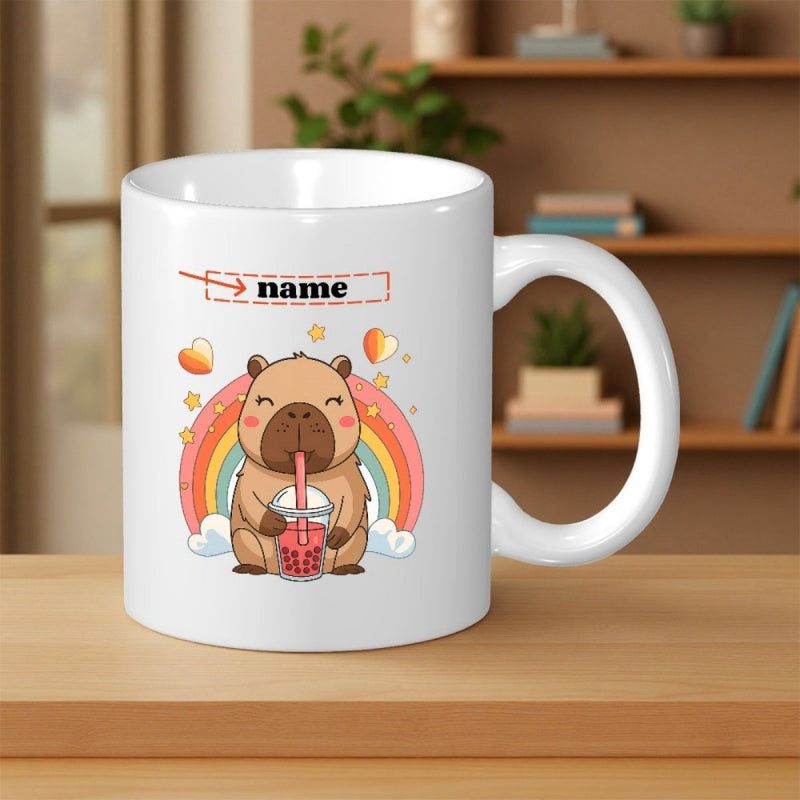 Tailorly White Ceramic 11 oz Mug - Name Adorable Cartoon Animal Drinking Pearl Milk Tea Under Vibrant Rainbow Capybara