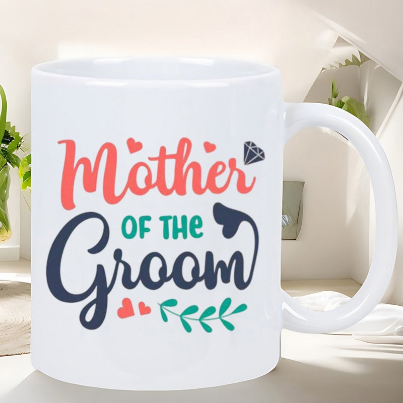 Tailorly White Ceramic 11 oz Mug - Mother Of The Groom Elegant Ceramic Surface Decorated With Hearts And Leafy Branch Designs