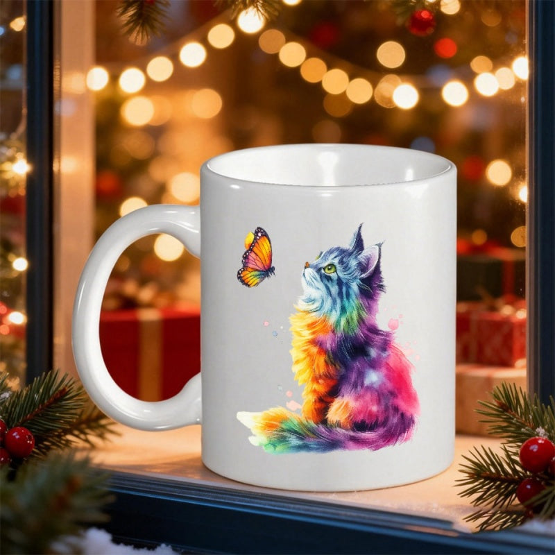 Tailorly White Ceramic 11 oz Mug - Vibrant Rainbow Watercolor Palette Depicting A Fluffy Sitting Majestic Feline Cat