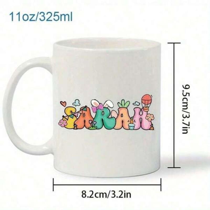 Tailorly White Ceramic 11 oz Mug - Sarah Colorful Bubble Letters Featuring Cute Bunny Ears And Tiny Flowers Illustration