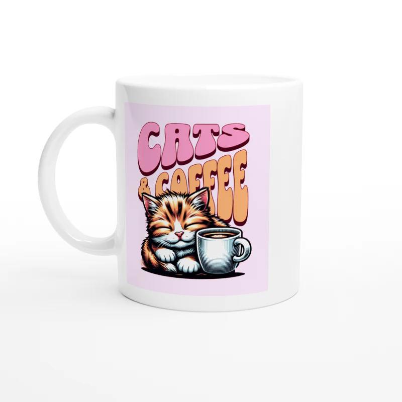 Tailorly White Ceramic 11 oz Mug - Cats Coffee Adorable Striped Kitten Resting Peacefully Beside A Steaming Ceramic Mug Cat