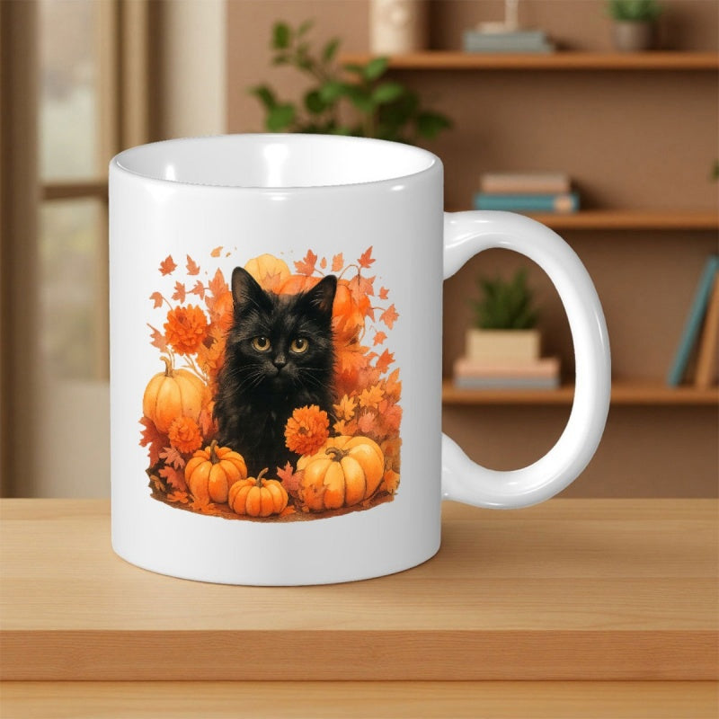 Tailorly White Ceramic 11 oz Mug - Adorable Black Feline Resting Among Bright Orange Autumn Harvest Pumpkins Cat