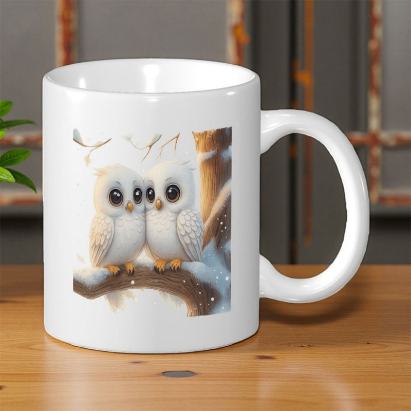 Tailorly White Ceramic 11 oz Mug - Two Fluffy White Owlets Resting Together On A Snowy Winter Branch Owls