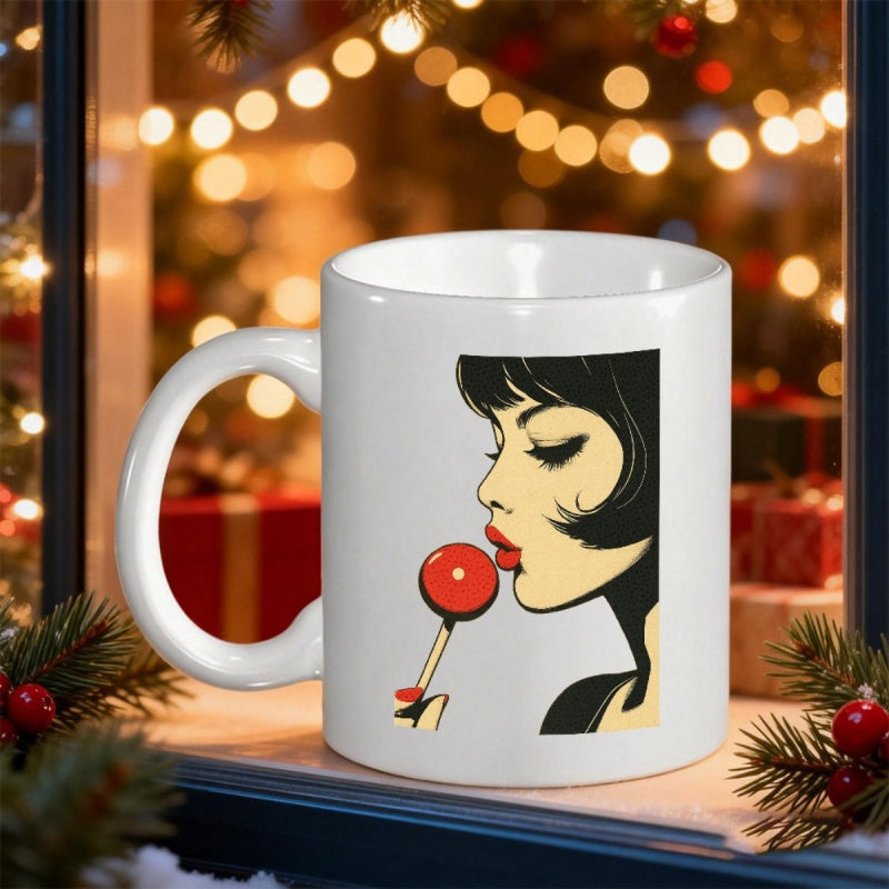 Tailorly White Ceramic 11 oz Mug - Vintage Pop Art Illustration Of A Stylish Lady Holding A Sweet Red Lollipop Woman