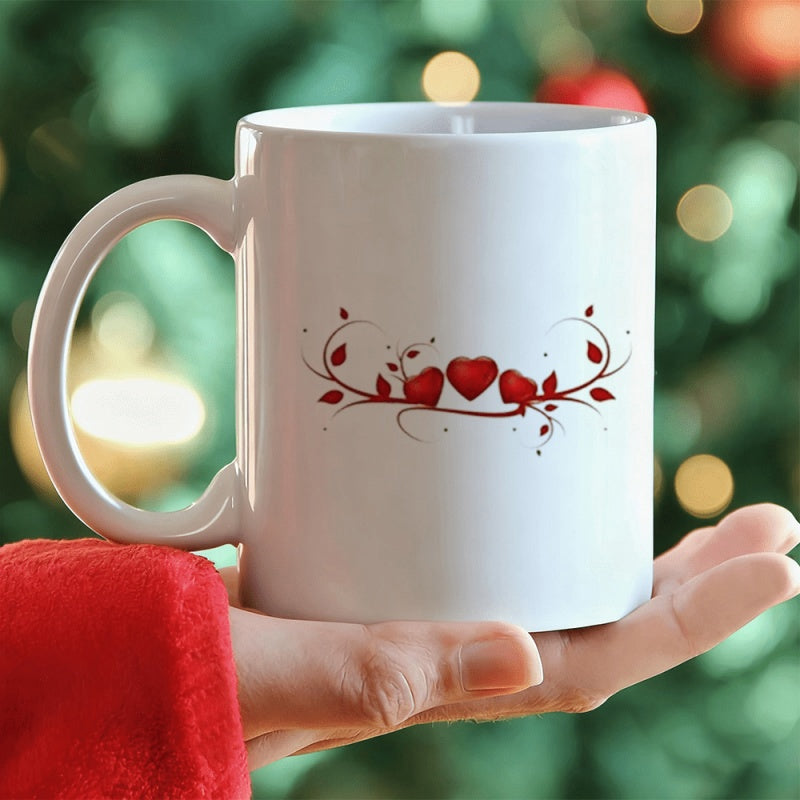 Tailorly White Ceramic 11 oz Mug - Red Romantic Hearts With Delicate Swirling Vines And Elegant Floral Leaves Heart